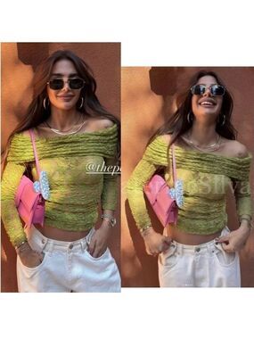 Zara Green lace long sleeve off the shoulder fitted top blouse Sz M NWOT stretch